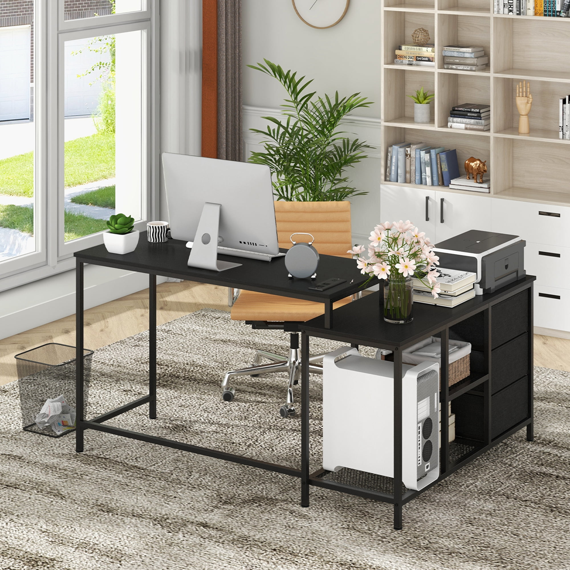 Costway L-shaped Computer Desk with Power Outlet, Fabric Drawers, Metal Mesh Shelves Black