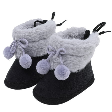 

0-18M Baby Girls Pom-Poms Snow Boots Non Slip Soft Sole Toddler First Walker Winter Warm Crib Shoes