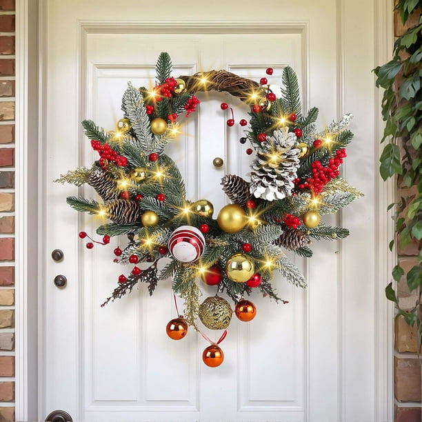 Corona de Navidad para Puerta Principal 18 Pulgadas Floral Artificial | Elegante lazo de lino, resistente a la intemperie, decoración versátil para el hogar de vacaciones, colgante de pared interior
