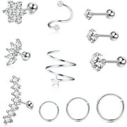 Jstyle 11Pcs Stainless Steel Ear Cartilage Earrings Hoops for Women Tragus Helix Conch Piercing CZ Barbell Stud 16-18G