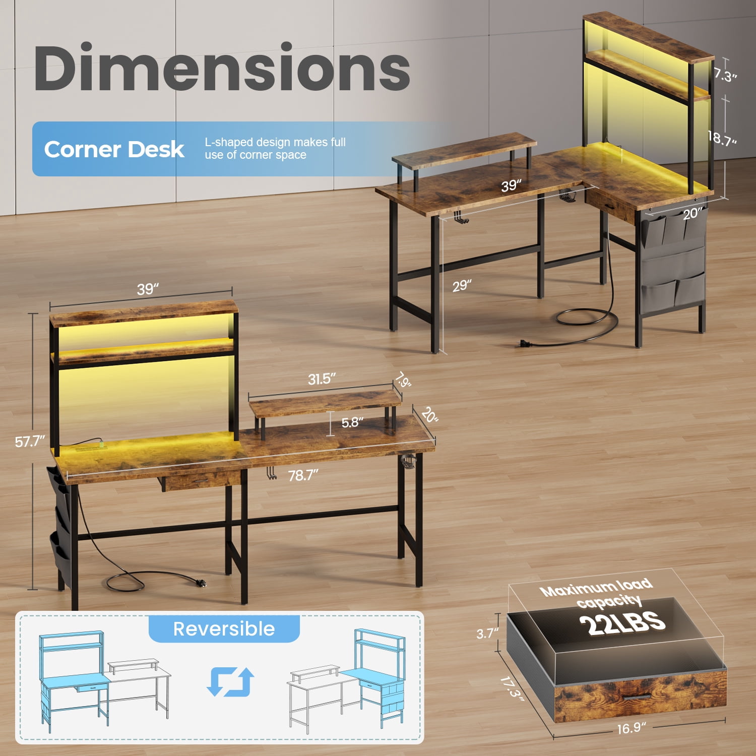 HLDIRECT L Shaped Gaming Desk with LED Light & Power Outlet, 59 Inch Reversible Corner Computer Desk with Storage Shelves & Drawer & Bag, Game Table with Hutch Monitor Stand, Rustic Brown
