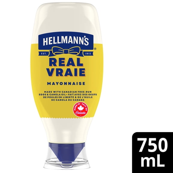 Hellmann’s Real Mayonnaise, Gluten‑Free and Kosher, Made with Canadian Free‑Run Eggs and Canola Oil, 750 ml Squeeze bottle