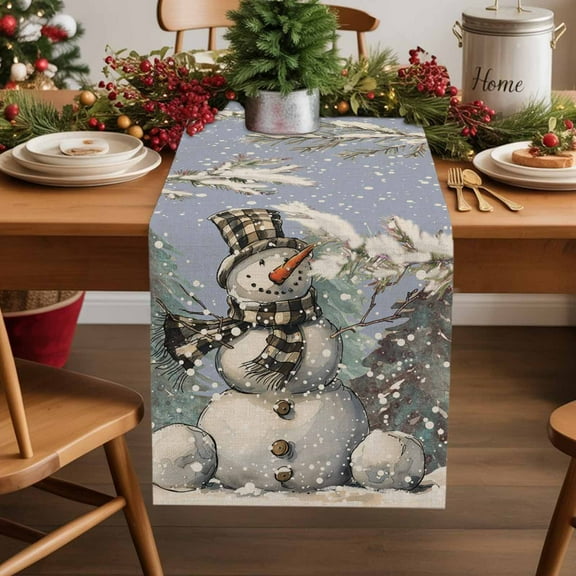 Burlap Table Runner 36 Inches Long,Watercolor Christmas Funny Snowman Non-Slip Kitchen Table Runners for Dining Room Everyday Use Party Table Decorations Winter Snowy Pine Branches