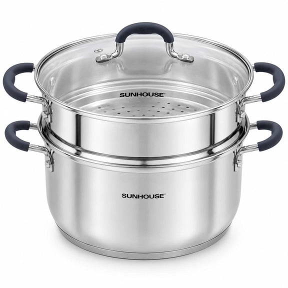 SUNHOUSE 3.1 Qt Stainless Steel Steamer Pot with Glass Lid, 2-Tier Tri-Ply Vegetable Steamer, Induction Compatible