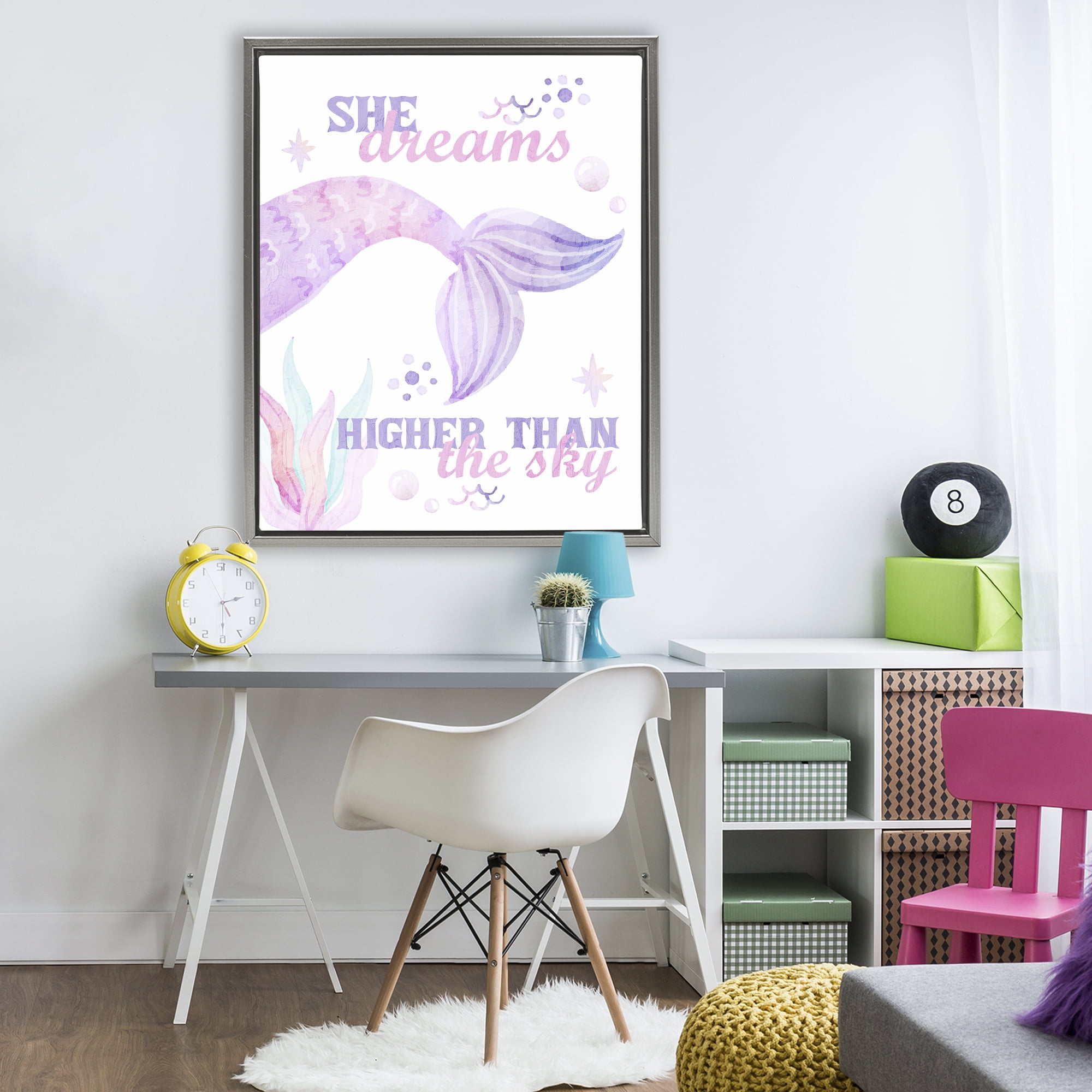 She Dreams Higher Than The Sky Gray Framed Floater Canvas Wall Art, design by Kim Allen