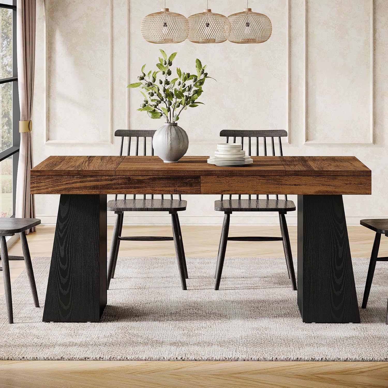 Tribesigns 55“ Dining Table for 4-6, Rectangular Wooden Dining Room Table, Kitchen Dinner Table, Black & Brown