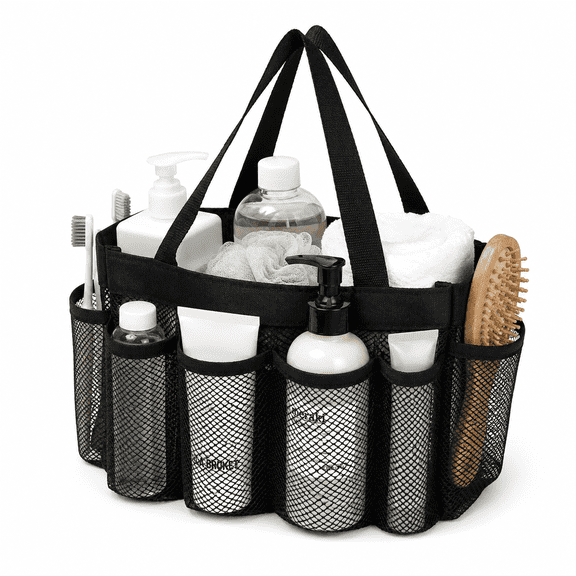 Portable Mesh Shower Caddy, Quick Dry Shower Tote Bag with 8 Pockets and Handle for Dorm, Gym and Travel, Black