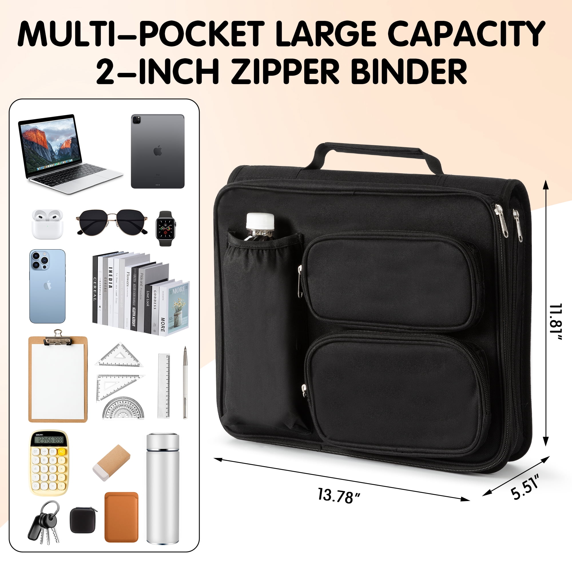 Deli Zipper Binder 2 inch 3 Ring 500 Sheet Capacity Multi-Pocket Binder with 6-Color Tabbes, Black