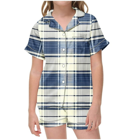 Odeerbi 2-12 Años Niños Niñas Pijama de Verano de Satén Con Solapa de Muesca Camisas de Manga Corta Pantalones Cortos Conjunto Suave Estampado Retro de Cuadros Ropa de Dormir