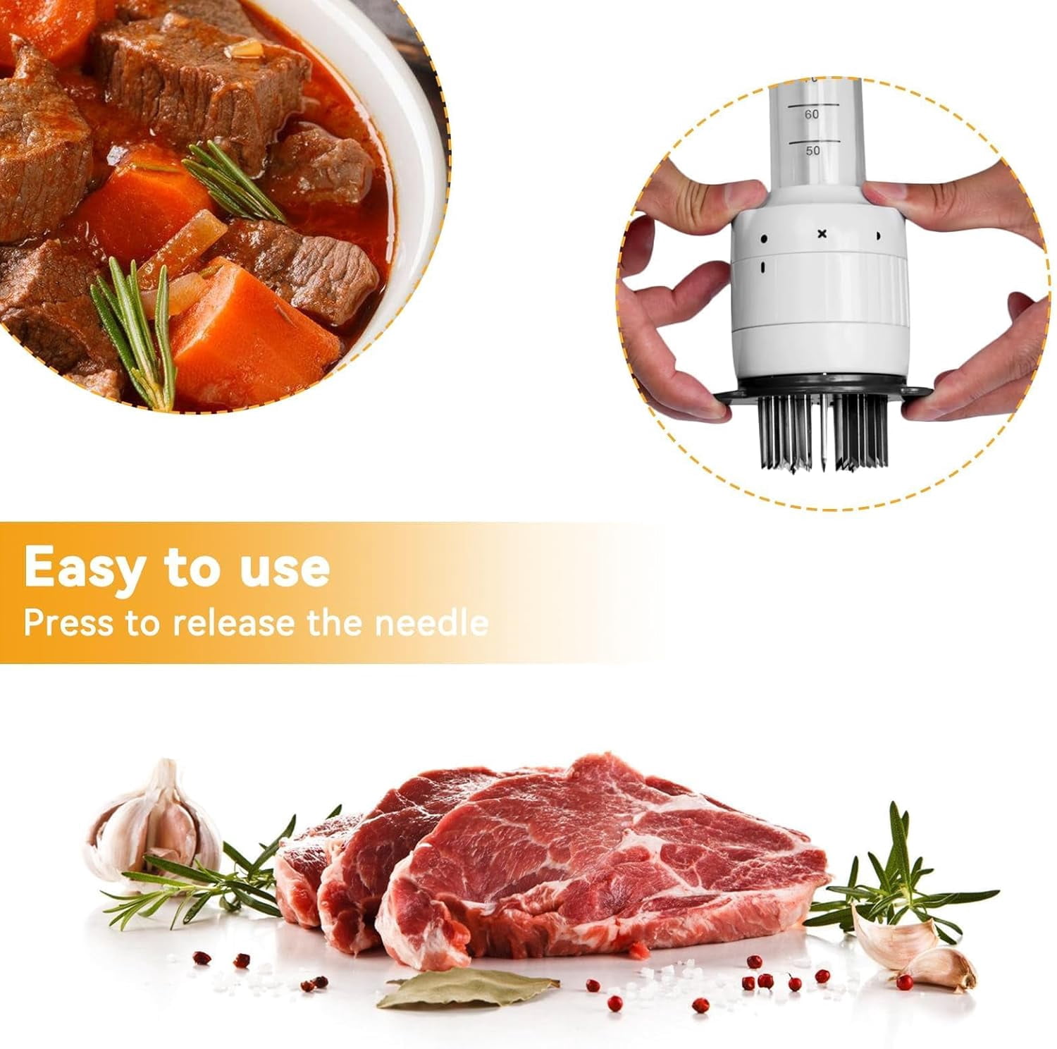 2-in-1 Meat Tenderizer with Marinade Injector, Stainless Steel Needles Flavor Marinade Meat Injector Syringe for BBQ Steak Beef Turkey Brisket Pork Kitchen Cooking Tenderizing Steak Beef Poultry