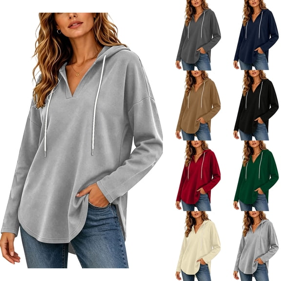 Oversized Hoodies Zaewscy Women's V-neck Hooded Sweatshirt Long Sleeved Drawstring Hooded Pullover Casual Loose Fall And Winter Curved Hem Sweatshirt Gray XXL