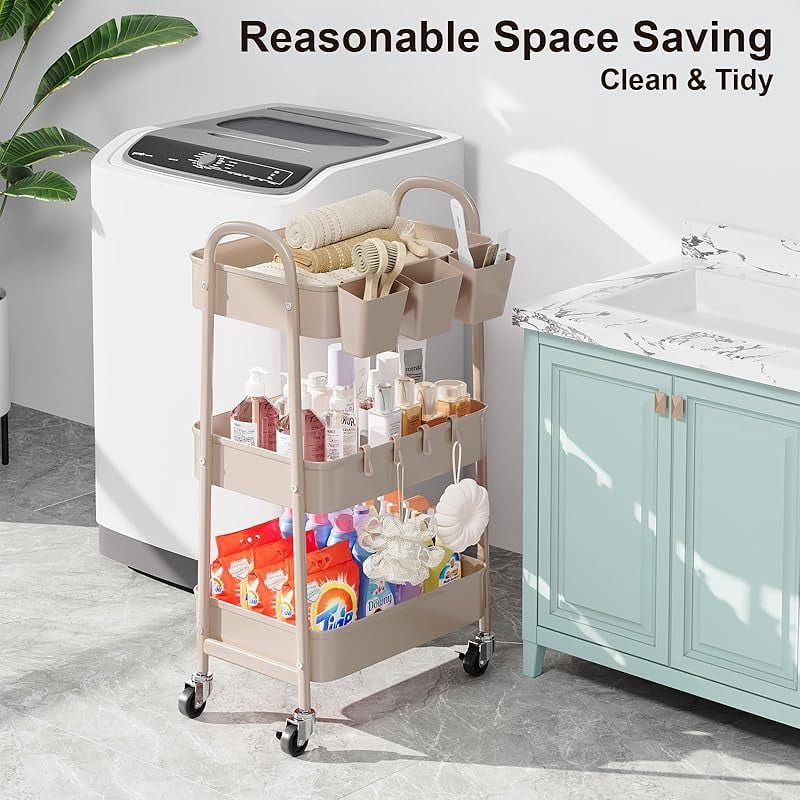 3 Tier Green Metal Rolling Cart with Lockable Wheels and Handle, 3 Tiered Utility Storage Organizer Carts for Teachers, Arts, Craft, Snack, Book, Bedside, Nursery, Cleaning Supplies, Easy Assembly