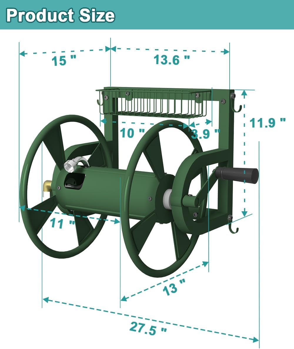 Outdoor Wall Mounted Hose Reel with Hook, Garden Heavy-Duty Water Holder Winder with 3.9 ft Leader Hose, Brass Fitting and Storage Basket for Yard, Holds 125 Ft of 5/8-Inch Hoses, Green