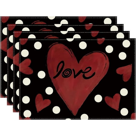 

Valentines Day Black Background Red Love Hearts Cloth Placemats Set of 4 Table Mats Table Decorations 12x18 Inch