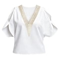thumbnail image 7 of YVNAURA Women Lace Cold Shoulder Blouse V Neck Hollow Out Summer Tops 2026 Trendy Loose Fit Flowy Chiffon Shirt Short Sleeve Dressy Casual Outfits for Women Vacation Party, White,L, 7 of 7