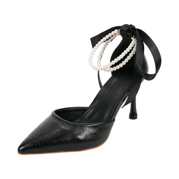 Women's Ankle Pearl Strap Sandals Pointed Toe Leather Wedding Heels Lightweight Slip On Dress Shoes Kitten Heel Party Pumps Black Size 6.5