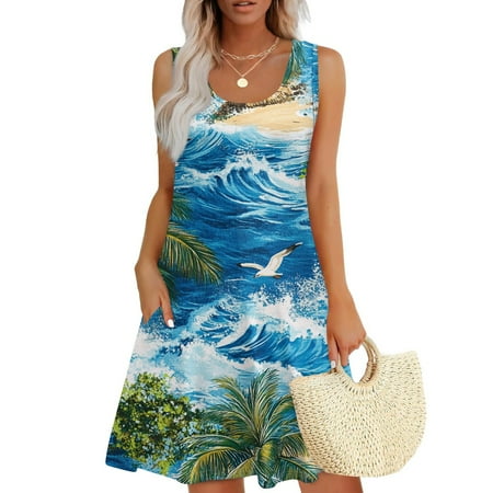GXIPO Vacation Dress Womens Summer Dresses U Neck Sleeveless Boho Aline Hawaiian Tank Dress Sundresses with Pockets Sky Blue S