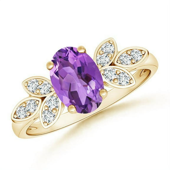 ANGARA Natural Vintage Style 1.15 ct Amethyst Ring with Diamond Accents in 14K Yellow Gold for Women (Size-8x6mm) | February Birthstone, Anniversary, Jewelry Gift for Women | Natural Amethyst Ring