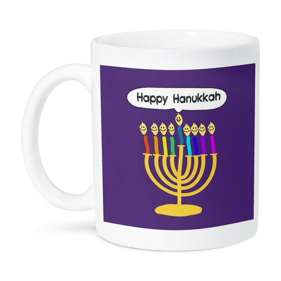 3dRose, Purple happy hanukkah smiling menorah - cute channukia cartoon for chanukkah - chanukah jewish menor, 15oz Mug