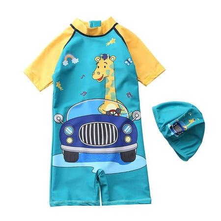 

Esho Little Boys One Piece Swimsuit Baby Cute Cartoon Dinosaur Bathing Suit with Swim Cap 1-7Y