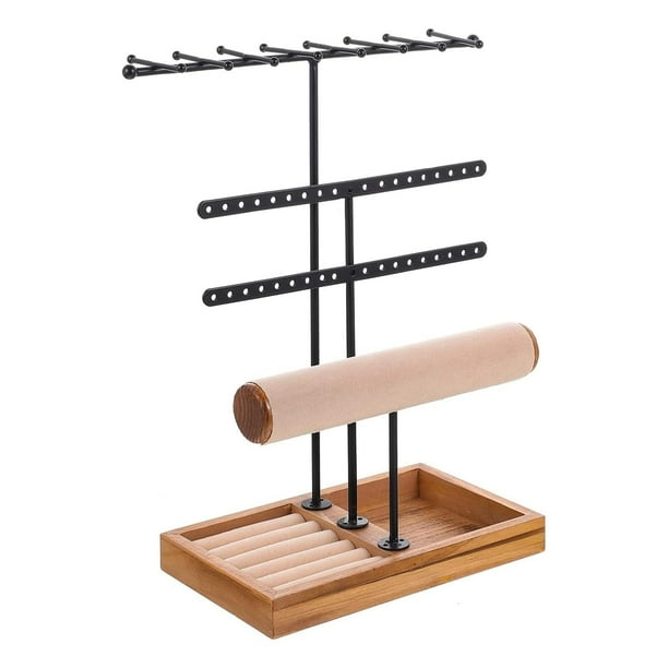 Organizador de Joyas de Metal, Porta collares, Estante de Joyas, Organizador de Collares Mujer 3 Niveles,Con bandeja para joyería, para guardar y exhibir anillos, collares,aretes, pulseras(36 hoyos)