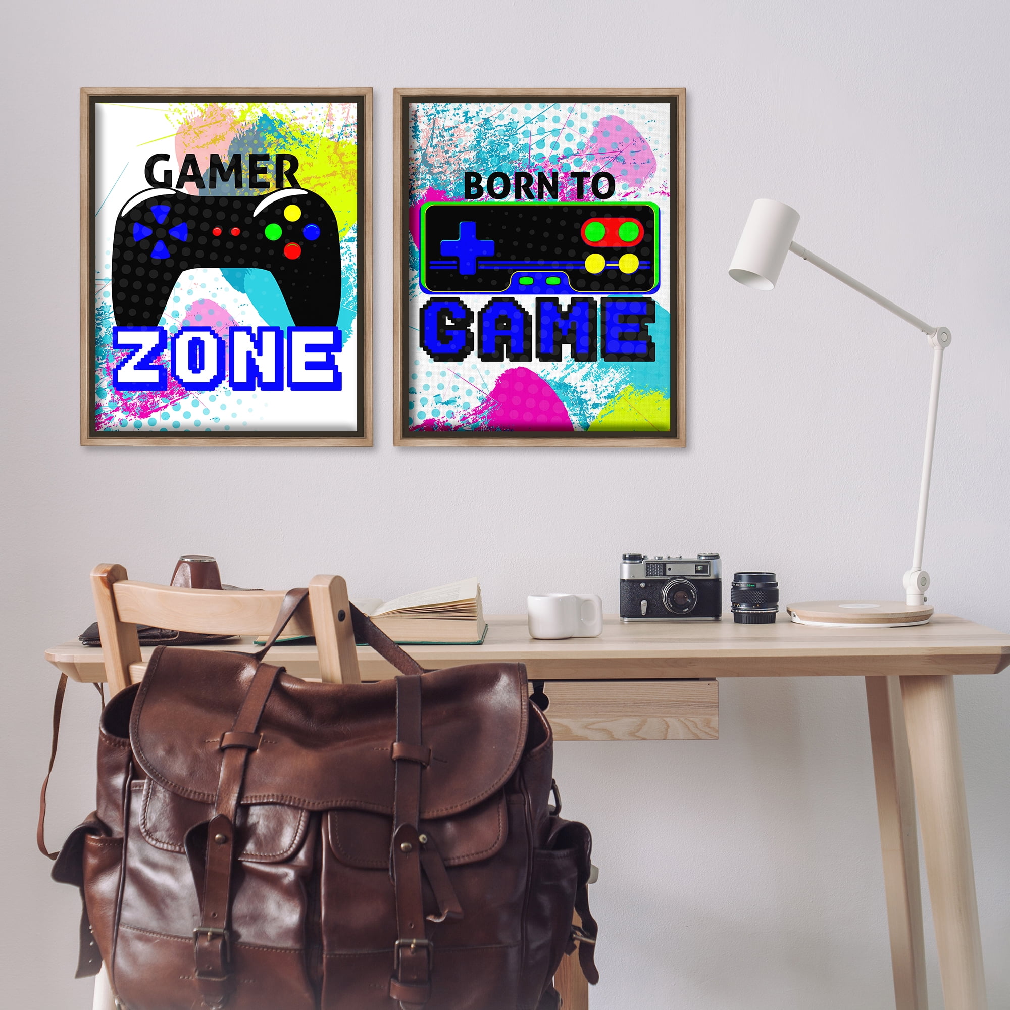 Stupell Industries Gamer Zone Splash Remote Entertainment Painting Brown Floater Framed Canvas Art Print Wall Art, 31 x 25, Set of 2