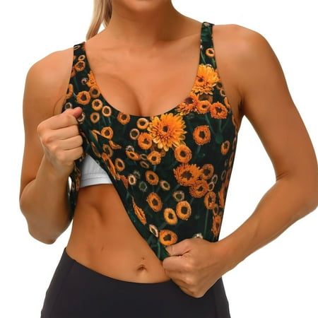 Qokaie Daisies Pattern Womens Scoop Neck Sports Bra Breathable Workout Vest Padded U Back Medium Impact Fitness Gym Yoga Bra Workout Crop Top