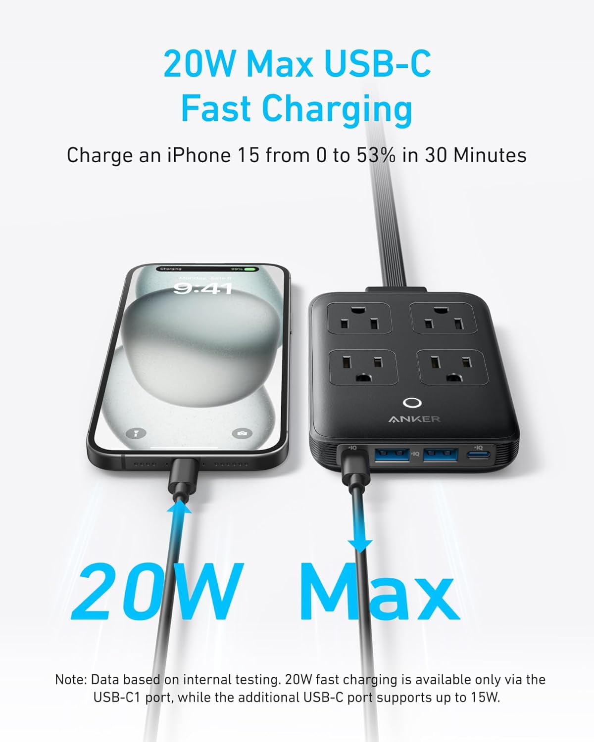 Anker Charging Station, 20W Max 8-in-1 USB-C Power Strip, 5 ft Thin Cord with 4 AC, 2 USB-A, and 2 USB-C Ports, Fast Charging Desktop Charger