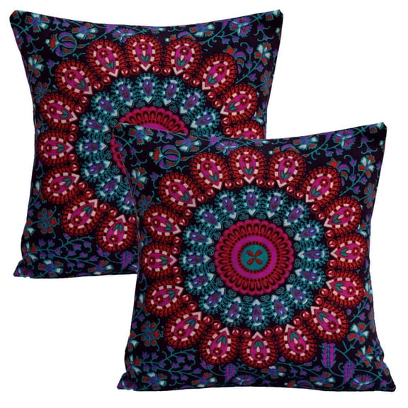 Stylo Culture Indian Settee Sofa Throw Pillow Covers 16x16 Peacock Eye Printed Purple Green Traditional 40cm x 40cm Home Decor Cotton Mandala Square Cushion Covers | Set Of 2