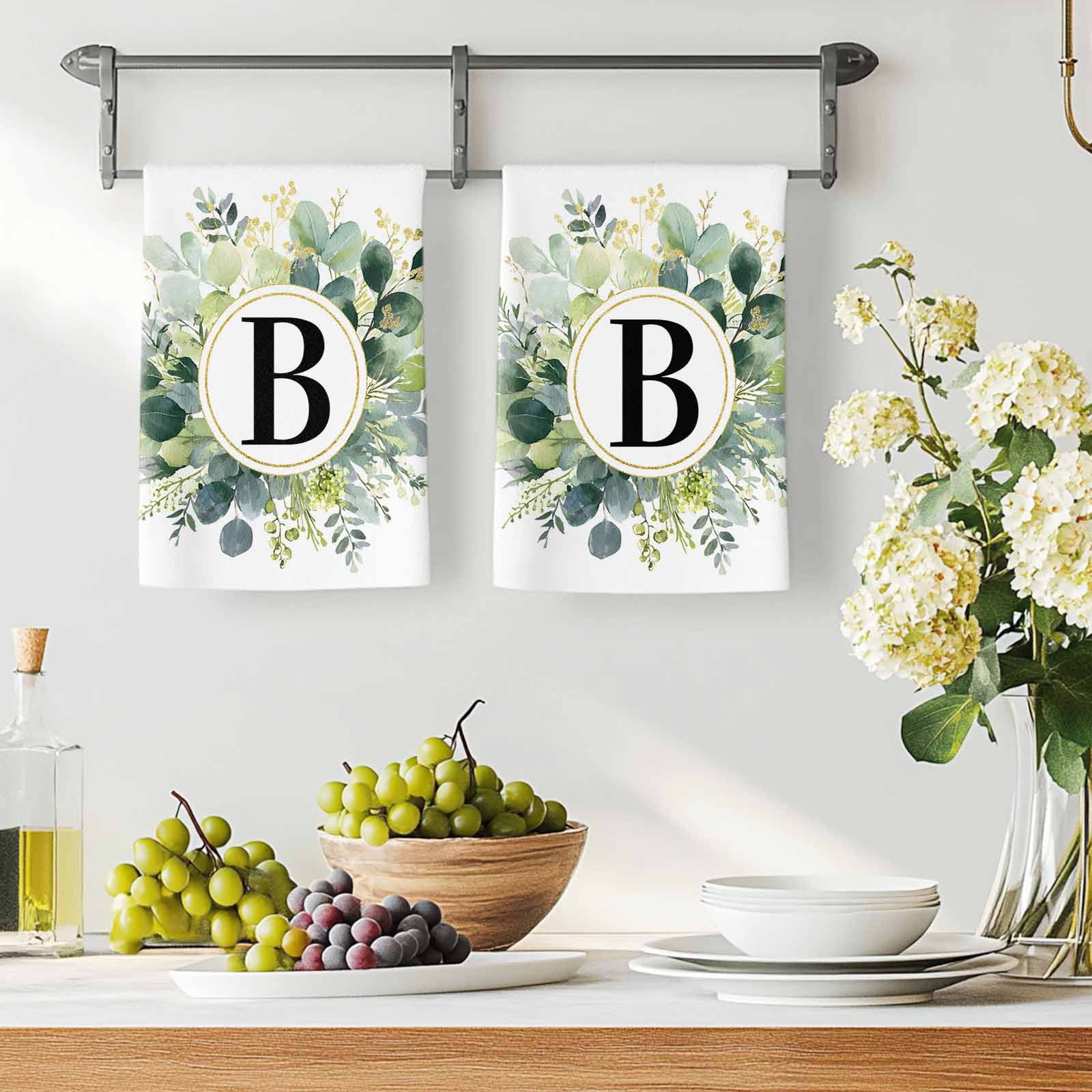 Dish Towels, Letter B Absorbent Kitchen Towels 2 PCS, Alphabet Green Eucalyptus Leaves Microfiber Hand Towels Dish Cloths Tea Towels for Home&nbsp;Bathroom Cleaning Drying,18X28-Inch,