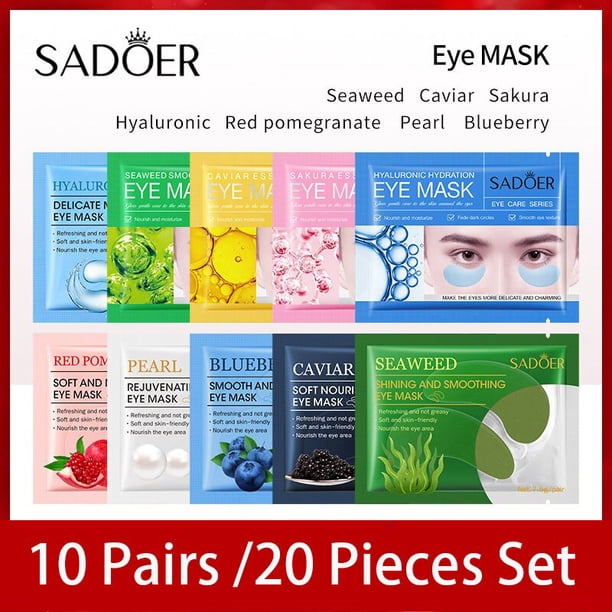 Mascarilla de Ojos de Caviar y Perla de algas marinas, máscara de colágeno de cristal hidratante, antiarrugas, antienvejecimiento, cuidado de la piel de los ojos, 20 Uds.10 Pairs Blueberry He Qiyong unisex
