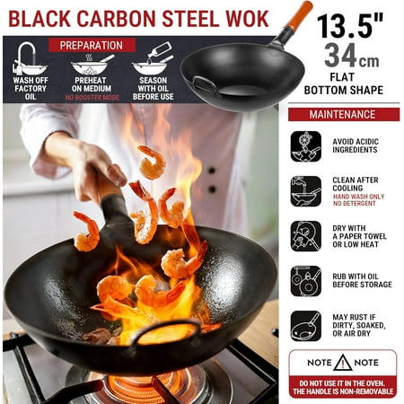 YOSUKATA 13.5 Pre-Seasoned Carbon Steel Wok Pan, Flat Bottom Stir Fry Pan for Gas, Electric, Induction & Open Fire, Traditional Asian Cookware for Kitchen, BBQ & Camping Use