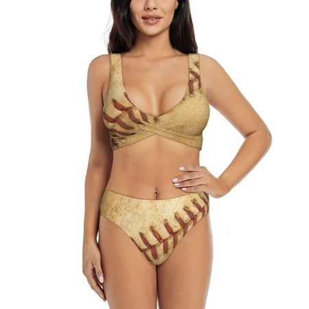 Zeuib Vintage Baseball High Waisted Tummy Control Bikini Set - Knot Front Push Up Top & Cheeky Thong Bottom  Two-Piece Swimsuit for Women-X-Large