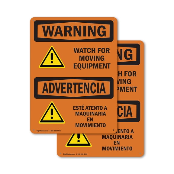 (2 Pack) Watch For Moving Equipment Bilingual OSHA Warning Sign 18 Inch X 24 Inch Indoor / Outdoor Rust-Free Aluminum Metal Signs for Workplace, Workshop, and Construction Site, Made in