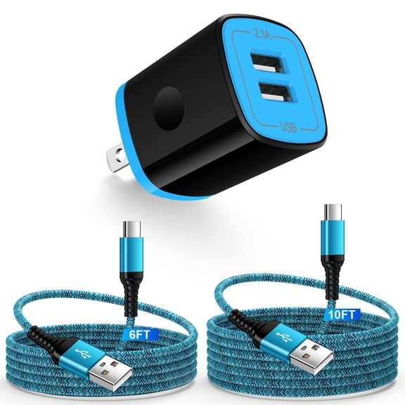 USB Wall Charger Block,ABCPOW 2.1A Dual Port USB Charger Block with 2PACK Android Phone Charging Cord Type C Cable USB C Charging Cables 6ft10ft USB Brick Charger Box Fast Charging Block,Blue