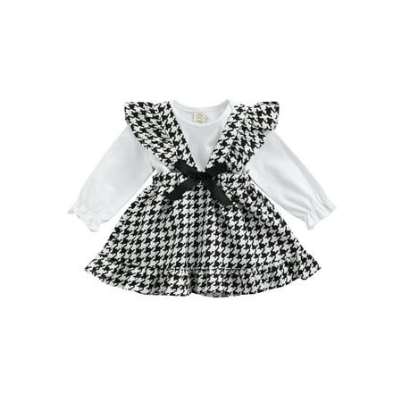 

Mialoley Autumn Baby Girls Outfit Infant Sweet Style White Long Sleeve Round Collar Romper + Houndstooth Fly Sleeve Suspender Skirt