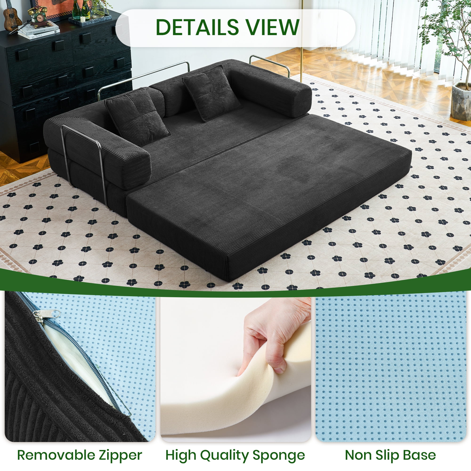 YINIX 62.9" Sleeper Sofa with Two Pillows, Comfy Modular Convertable Sofa Couch for Living Room, Small Spaces, Black