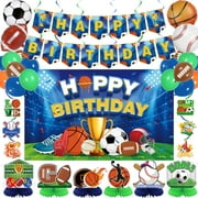 Vlipoeasn Sports Birthday PresNok Party Decorations, 40Pcs Sports Theme Banner and Balloons Kit, Basketball Football Baseball Soccer Honeycomb Cake Topper for Birthday Party for Boys and Girls