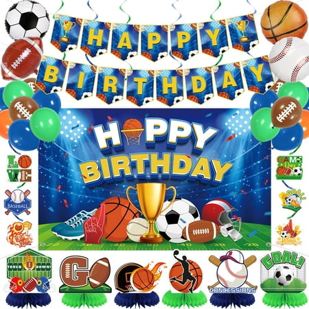 Vlipoeasn Sports Birthday PresNok Party Decorations, 40Pcs Sports Theme Banner and Balloons Kit, Basketball Football Baseball Soccer Honeycomb Cake Topper for Birthday Party for Boys and Girls