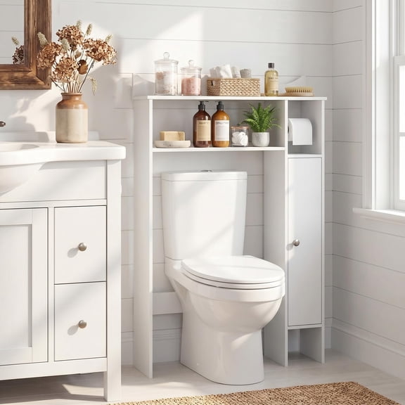 Over The Toilet Storage Cabinet, Adjustable Shelves, Freestanding Space Saver, Bathroom Cabinet Organizer for Restroom, Laundry (White)