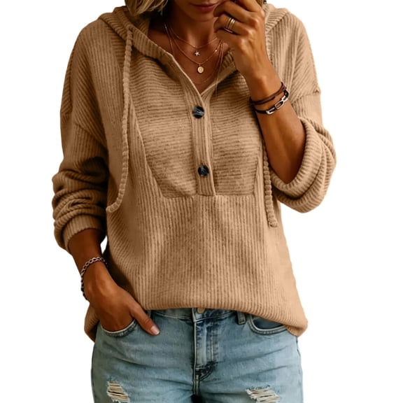 WULMLEO Women Winter Long Sleeved Hooded Sweater Loose Sweatshirt Elegant Pullover Solid Color Tops Camel L