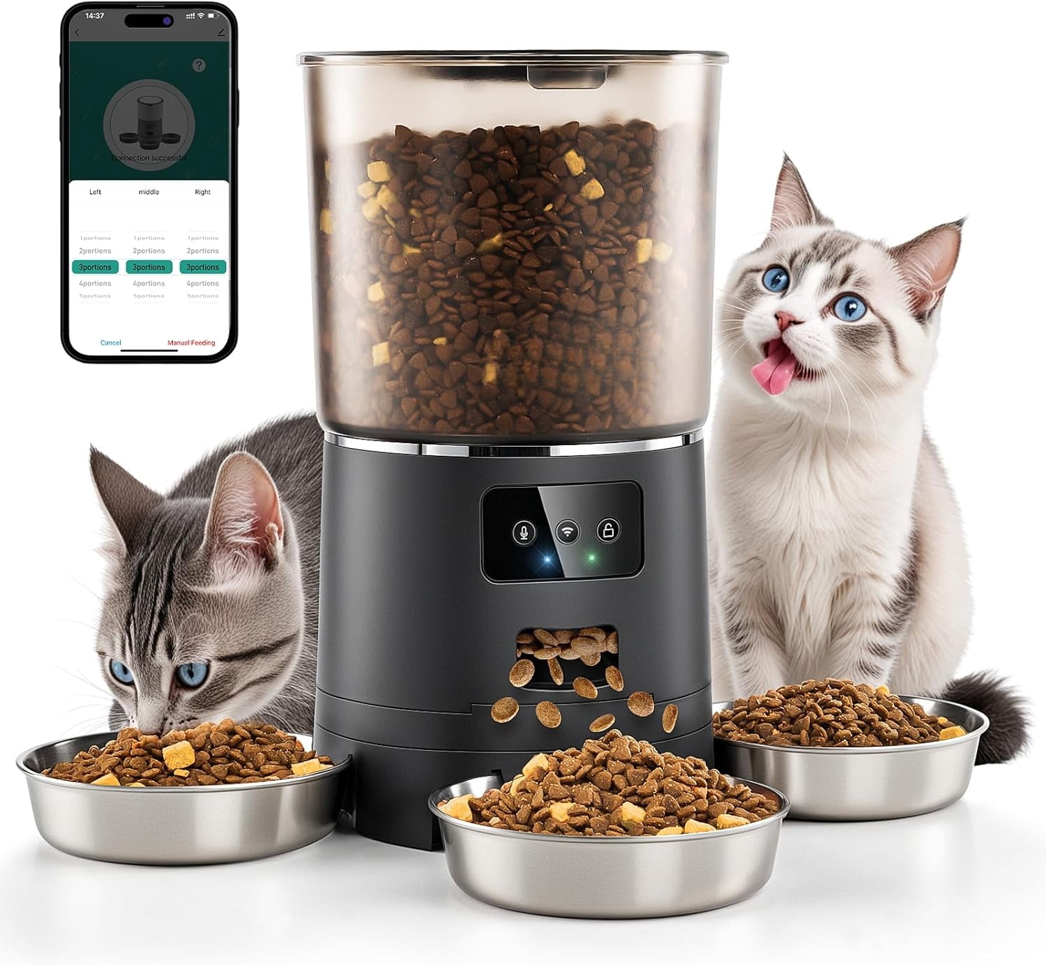 Smart WiFi Automatic Cat Feeder for 3 Cats, 6L/25 Cup Anti-Jam Pet Food Dispenser with Dual Desiccant and 10s Voice Recorder, Suitable for Cats & Small Dogs, Black