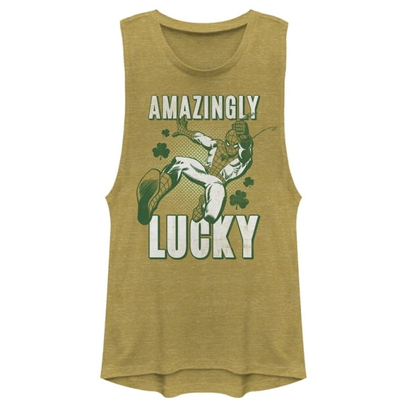 Junior's Marvel St. Patrick's Day Spider-Man Amazingly Lucky Festival Muscle Graphic Tee Gold Heather X Small