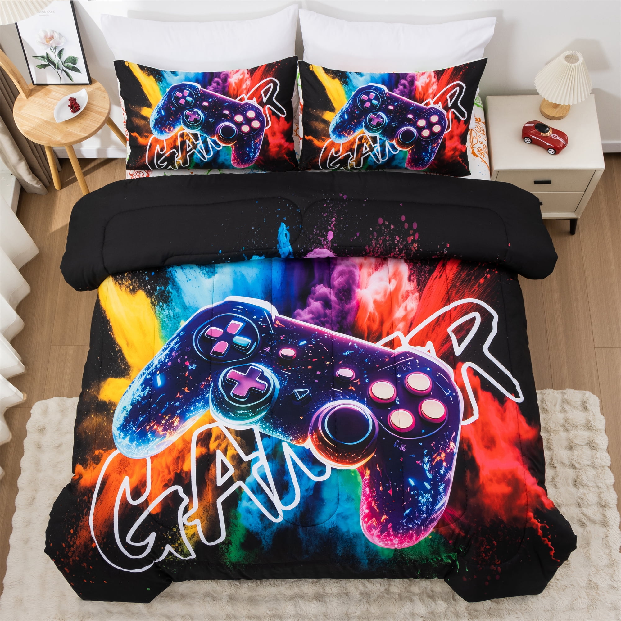 Btargot 3-piece Gamer Gaming Twin Comforter Set for Boys Colorful Gamepad Soft Bedding Set