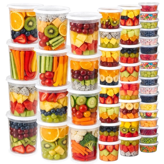 Deli Containers with Lids 48 Sets, 32 oz (12), 16 oz (24) & 8 oz (12), BPA Free Leak Proof Deli Cups with Lids, Meal Prep Containers, Food Storage Containers, Microwave Freezer Dishwasher Safe