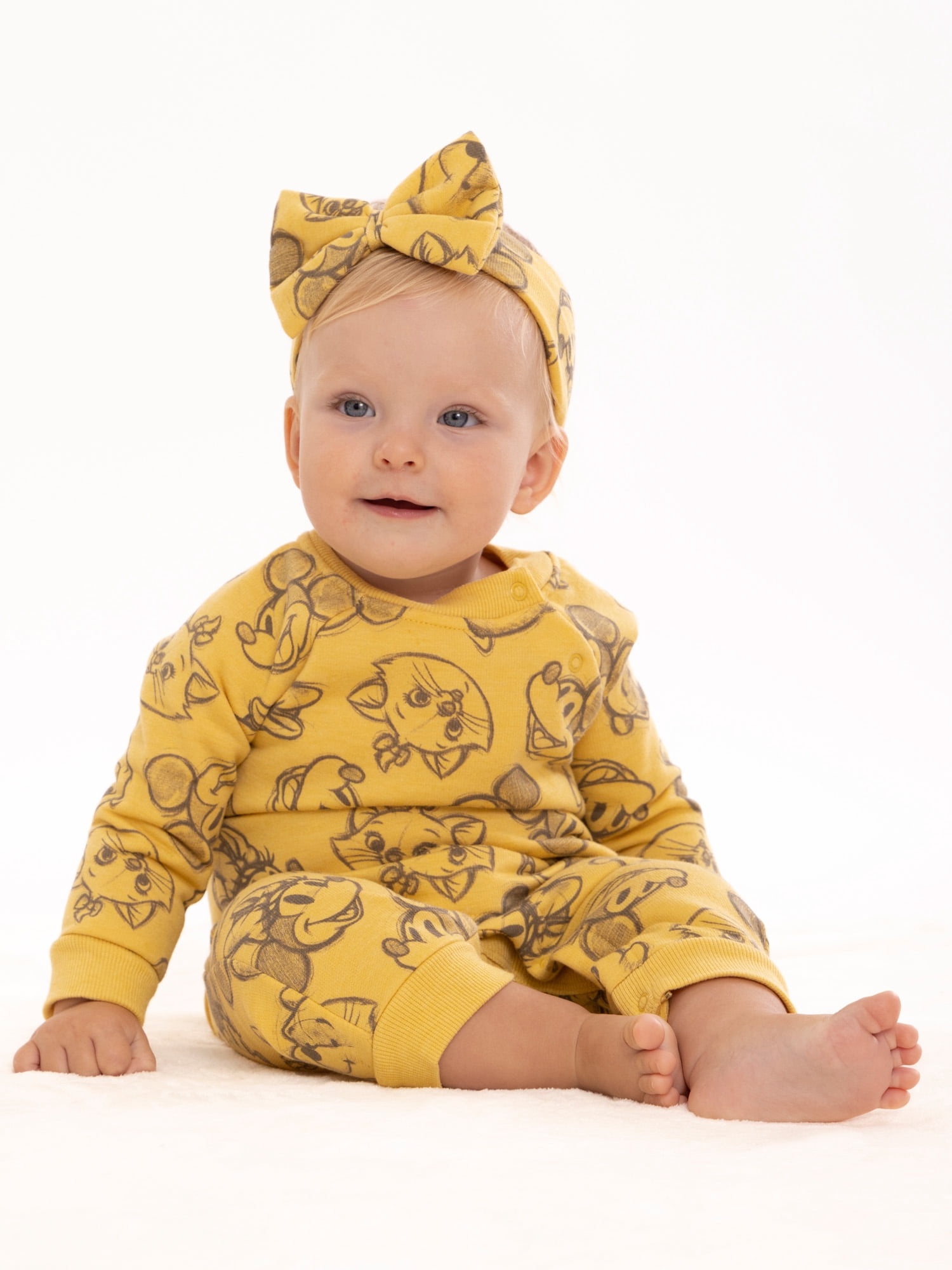 Disney 100 Baby Girls Long Sleeve Romper and Headband, 2-Piece Set, Sizes 0/3 Months-24 Months