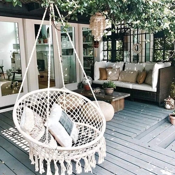 Garpans Hammock Chair Macrame Swing Chair Handmade Knitted Hanging Cotton Rope Chair for Indoor/Outdoor Home Patio Deck Yard Garden Reading Leisure Beige
