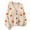 thumbnail image 4 of LEKODE Women Pumpkin Embroidery V Neck Button Down Bubble Long Sleeve Cropped Relaxed Fit Knit Cardigan Casual Fall Holiday Layering Outerwear Beige L, 4 of 4