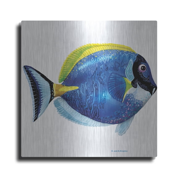 Luxe Metal Art 'Fish 4 Blue Yellow' by Olga and Alexey Drozdov, Metal Wall Art, 12"x12"