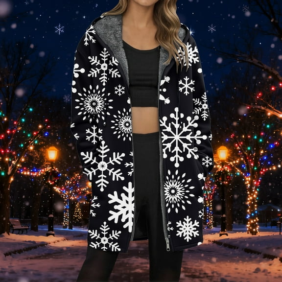 Jacket Women Longline Jackets Christmas Print Winter Cozy Lined Full Zip Outerwear for Cold Weather Trench Coat Women Black L